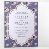 Periwinkle Floral Muster QR Code Indian Wedding Dreifach Gefaltete Einladung (Innen Erste Seite)