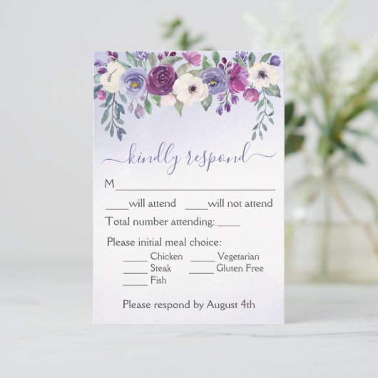 Periwinkle Fuchsia Blush Wasserfarbenblühende Hoch RSVP Karte (Stehend Vorderseite)