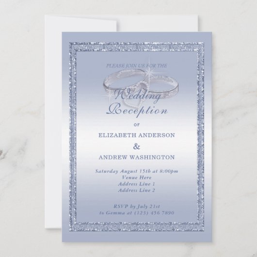 Periwinkle Glitzer, Silver Ring Wedding Empfang Einladung (Vorderseite)