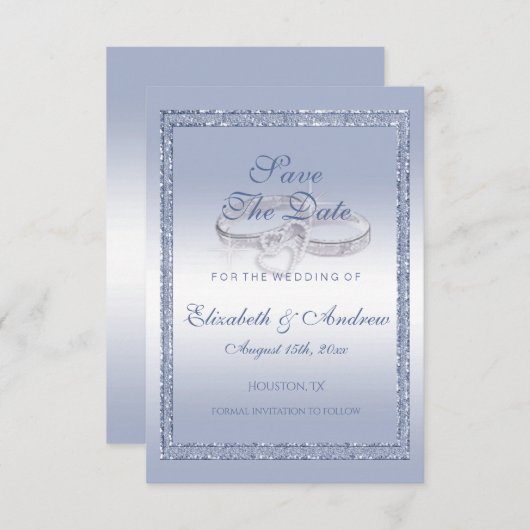 Periwinkle Glitzer & Silver Wedding Rings Save The Date (Vorne/Hinten)