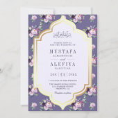 Periwinkle Gold Lila blumenmuslimische Hochzeit Einladung (Vorderseite)