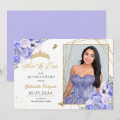 Periwinkle & Gold Quinceañera Save the Date Foto Einladung (Vorne/Hinten)