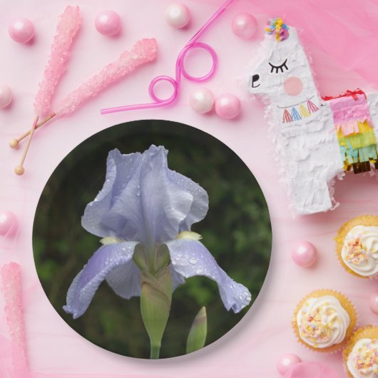 Periwinkle Iris Petals Raindrops Pappteller (Party)