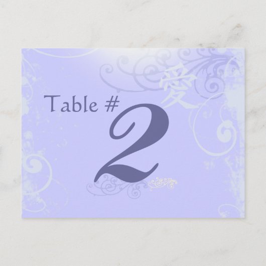 Periwinkle Kanji Liebe Swirl Wedding Tischnummer (Rückseite)