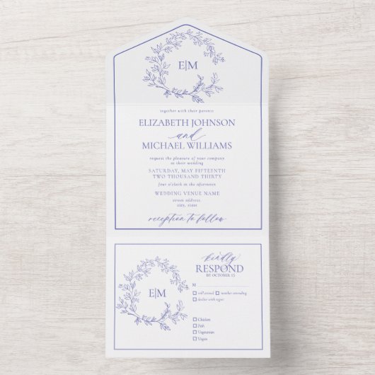 Periwinkle Leafy Wappen Monogram Wedding All In One Einladung (Innen Boden)