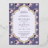 Periwinkle Lila blumenmuslimische Hochzeit Gold Folieneinladung (Vorderseite)