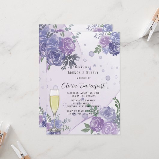 Periwinkle Lila Peony Brunch & Bubbly Einladung (Vorderseite/Rückseite Beispiel)