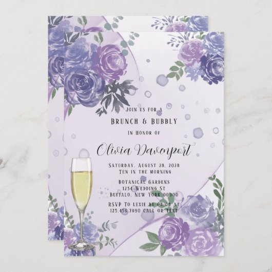 Periwinkle Lila Peony Brunch & Bubbly Einladung (Vorne/Hinten)