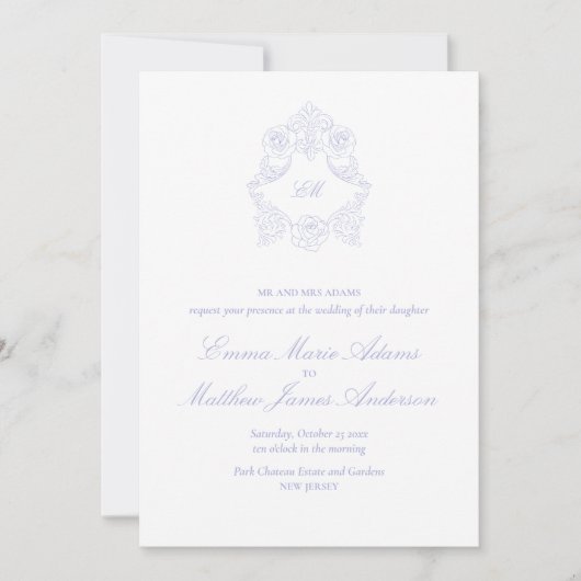 Periwinkle Lilac Crest Monogram Vintage Wedding Einladung (Vorderseite)