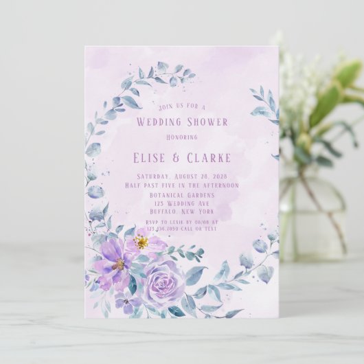 Periwinkle Lilac Peony Wreath Polterabend Einladung (Stehend Vorderseite)