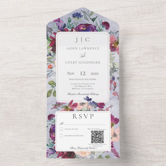 Periwinkle Maroon & Blush Rustikaler QR-Code All In One Einladung (Innen Boden)