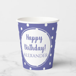 Periwinkle Modern Polka Dots Name Happy Birthday Pappbecher