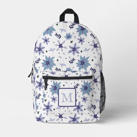 Periwinkle Monogram Florals Bedruckter Rucksack (Vorderseite)