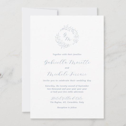 Periwinkle Monogram Foto Hochzeitseinladung mit UA Einladung (Vorderseite)