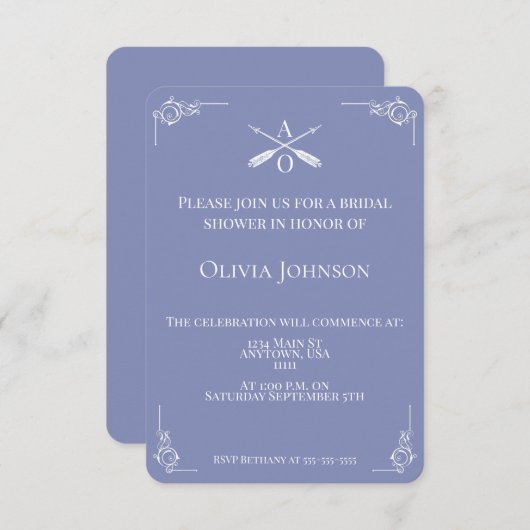 Periwinkle Monogram und Arrows-Brautparty Einladung (Vorne/Hinten)