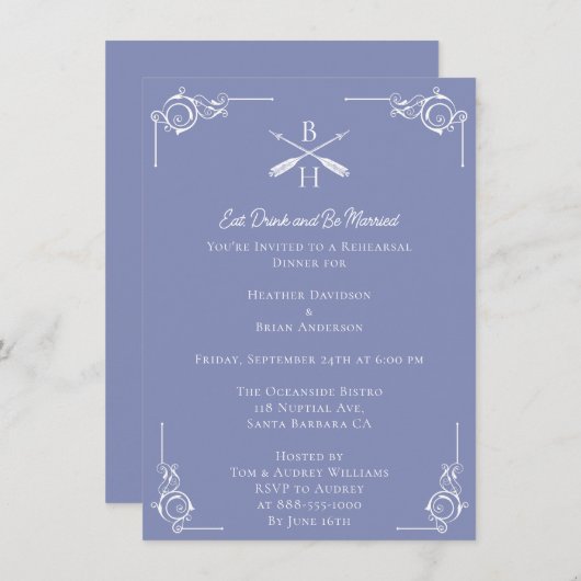 Periwinkle Monogramme und Pfeile Probe Abendessen Einladung (Vorne/Hinten)
