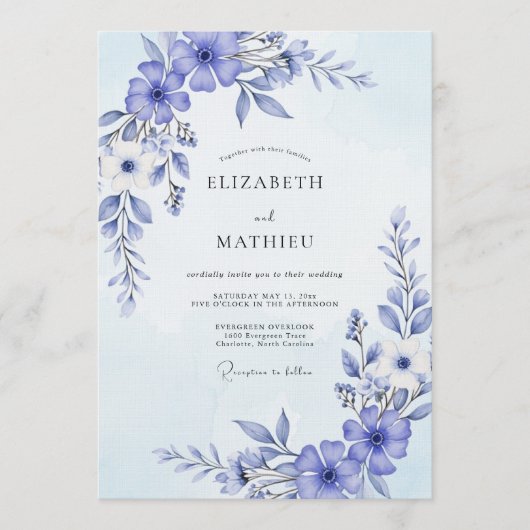 Periwinkle Painterly Flourish Wedding Einladung (Vorderseite)