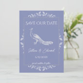 Periwinkle Peacock Save the Date Geblüht Ankündigung (Stehend Vorderseite)