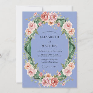 Periwinkle-Pfirsich-Pfingstrosen-Hochzeit Einladung