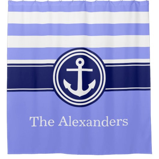 Periwinkle Rugby Stripe Anchor CB Monogram Navy Duschvorhang (Vorderseite)