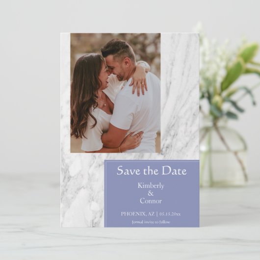 Periwinkle Simple Marble Foto Save The Date (Stehend Vorderseite)
