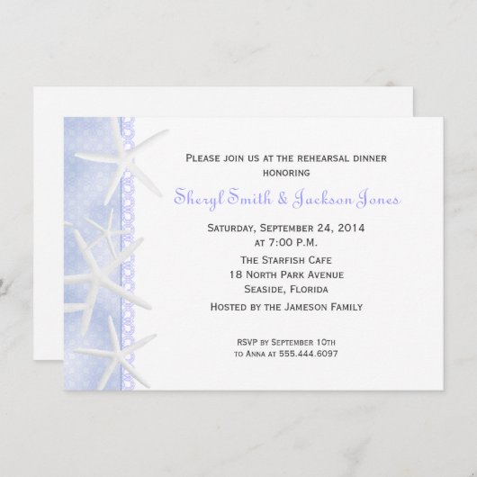 Periwinkle Starfish Hochzeitsessen Probe Einladung (Vorne/Hinten)