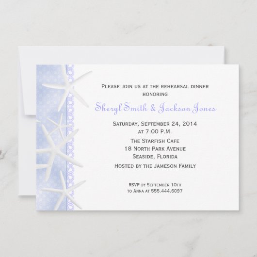 Periwinkle Starfish Hochzeitsessen Probe Einladung (Vorderseite)