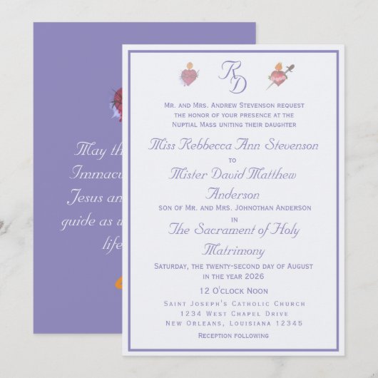 Periwinkle Two Hearts Catholic Wedding Invitation Einladung (Vorne/Hinten)