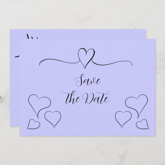 Periwinkle und Extravagante Kalligraphieherzen Save The Date (Vorne/Hinten)