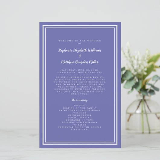Periwinkle Wedding Script Budget Zeremonie Program (Stehend Vorderseite)