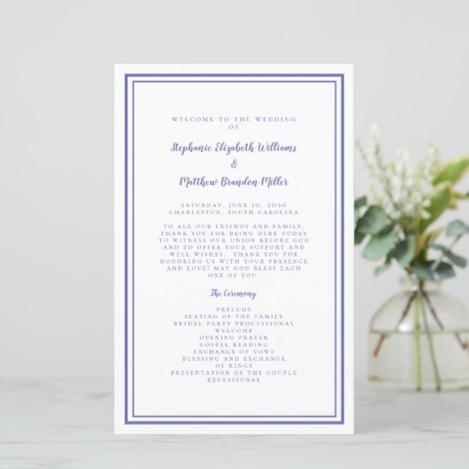 Periwinkle Wedding Script Modern Zeremony Program (Stehend Vorderseite)