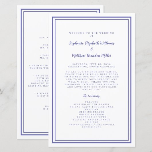 Periwinkle Wedding Script Modern Zeremony Program (Vorne/Hinten)