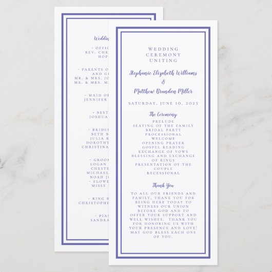 Periwinkle White Wedding Service Zeremonie Moderne Programm (Vorne/Hinten)