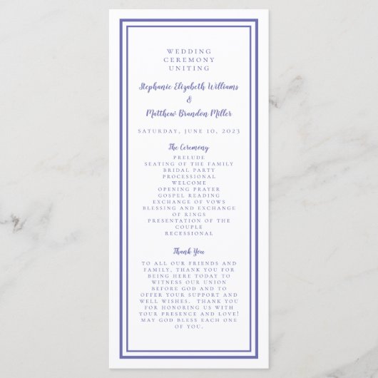 Periwinkle White Wedding Service Zeremonie Moderne Programm (Vorderseite)