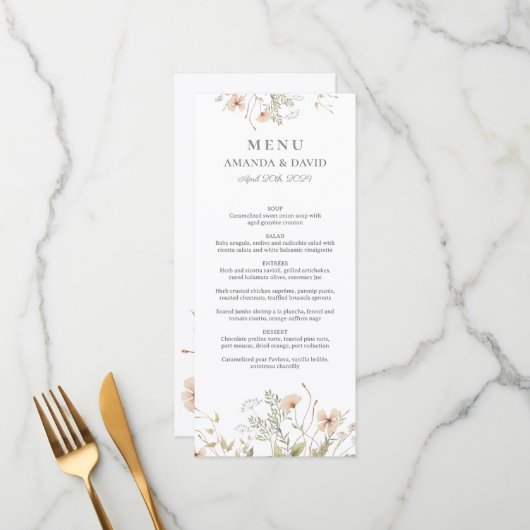 Periwinkle Wildblume Hochzeitmenü Menükarte (Vorderseite/Rückseite Beispiel)