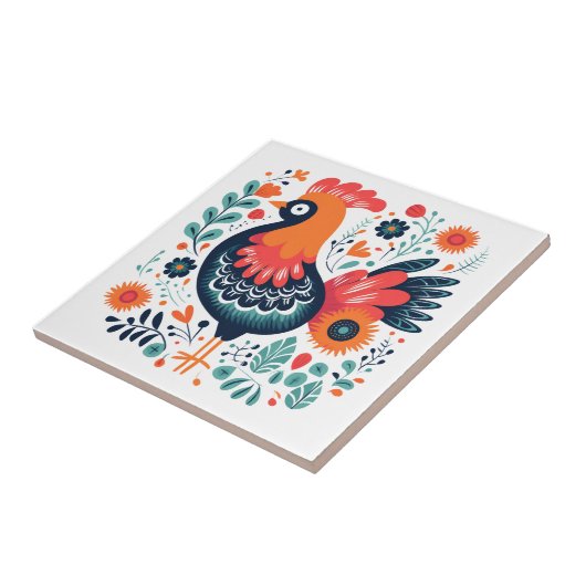 Perky Rooster skandinavische Folklorekunst Fliese (Seite)