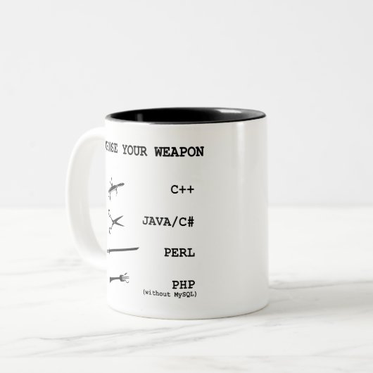 Perl, Java, c-Scharfes, PHP, C++ Zweifarbige Tasse (Vorderseite Links)