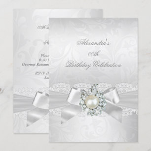 Perle Diamant Spitze Weiß Schleife Damast Silber P Einladung