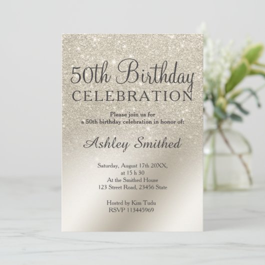 Perle Elfenbein Glitzer ombre metallic 50. Geburts Einladung (Stehend Vorderseite)