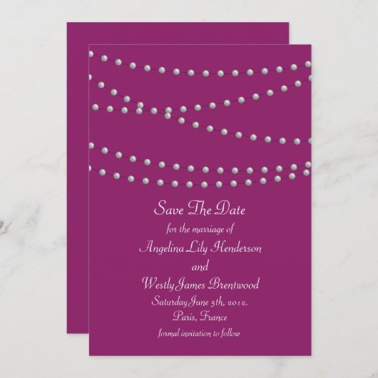 Perlen auf Magenta Save the Date (Vorne/Hinten)