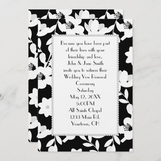 Perlen auf schwarzen und weißen Blume Einladung (Vorne/Hinten)