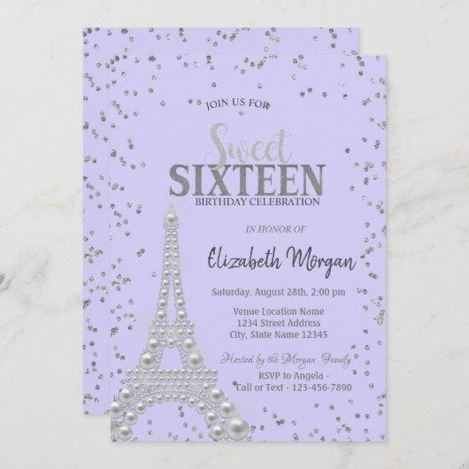 Perlen aus Eiffelturm, Diamantrahmen Lavander Einladung (Vorne/Hinten)