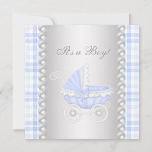 Perlen Blau Gingham Karre Baby Junge Shower Einladung