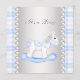 Perlen Blau Gingham Schaukelpferd Baby Jungen Show Einladung