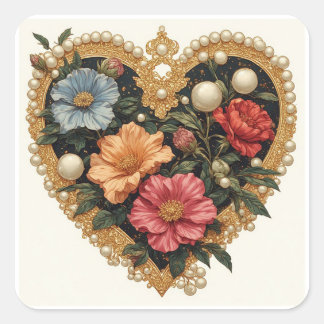 🌺 Perlen-Blumen-Herz-Detail für die Hochzeitsfeie Quadratischer Aufkleber