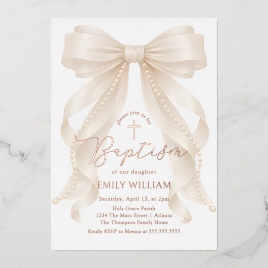 Perlen Bogen Mädchen Taufe Folieneinladung (Vorderseite)