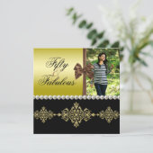 Perlen & Bow Gold & Black Fabulous 50 Foto Frauen Einladung (Stehend Vorderseite)