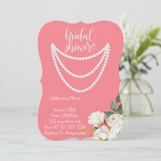 Perlen Brautdusche Einladung in Rosa (Stehend Vorderseite)