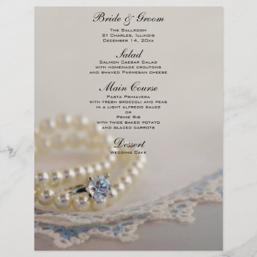 Perlen, Diamantring und Blue Lace Wedding Menu (Vorderseite)