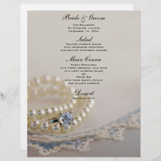 Perlen, Diamantring und Blue Lace Wedding Menu (Vorne/Hinten)